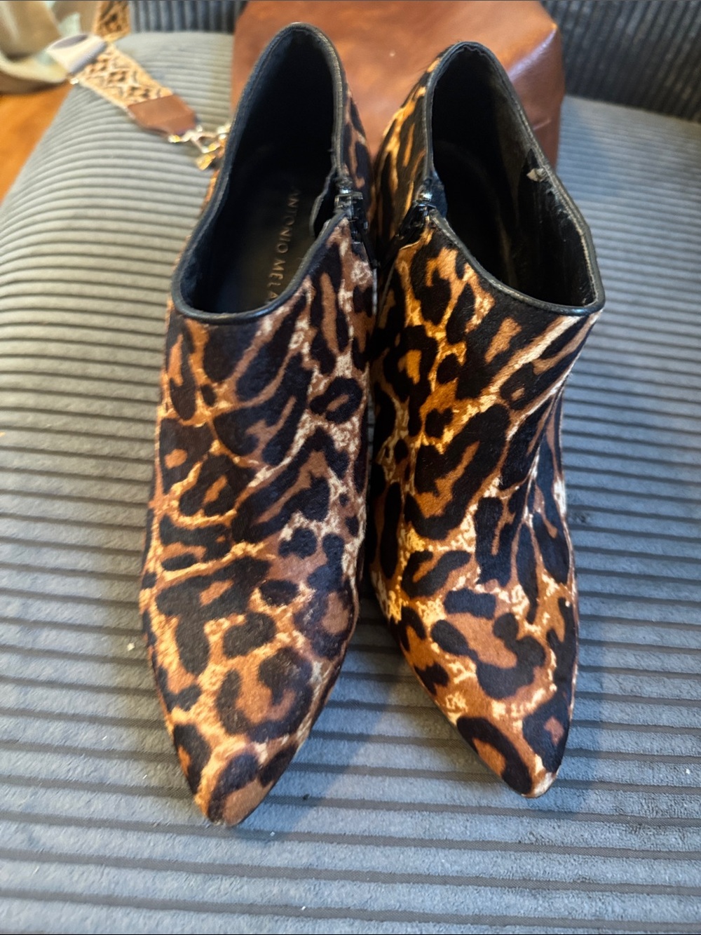 Leopard Print Pointed Ankle Booties - Brown/Black